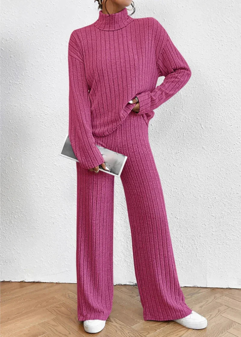 Women's solid color high collar long sleeve ribbed two-piece set