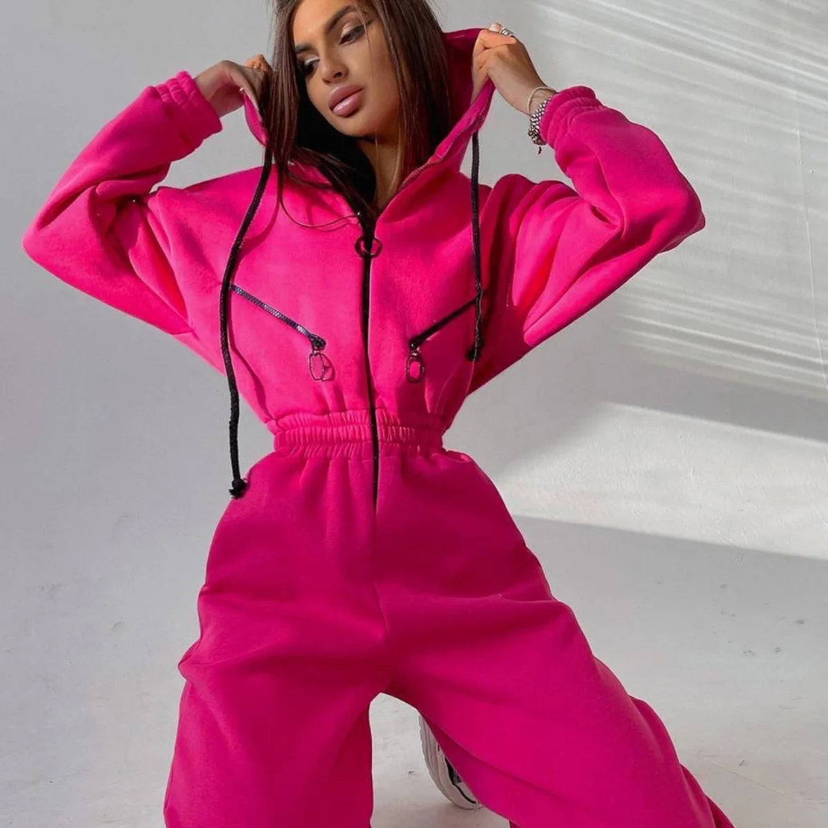 Women's Jumpsuit - Oversized Fit - Hooded with Zipper & Pockets - Elastic Waist