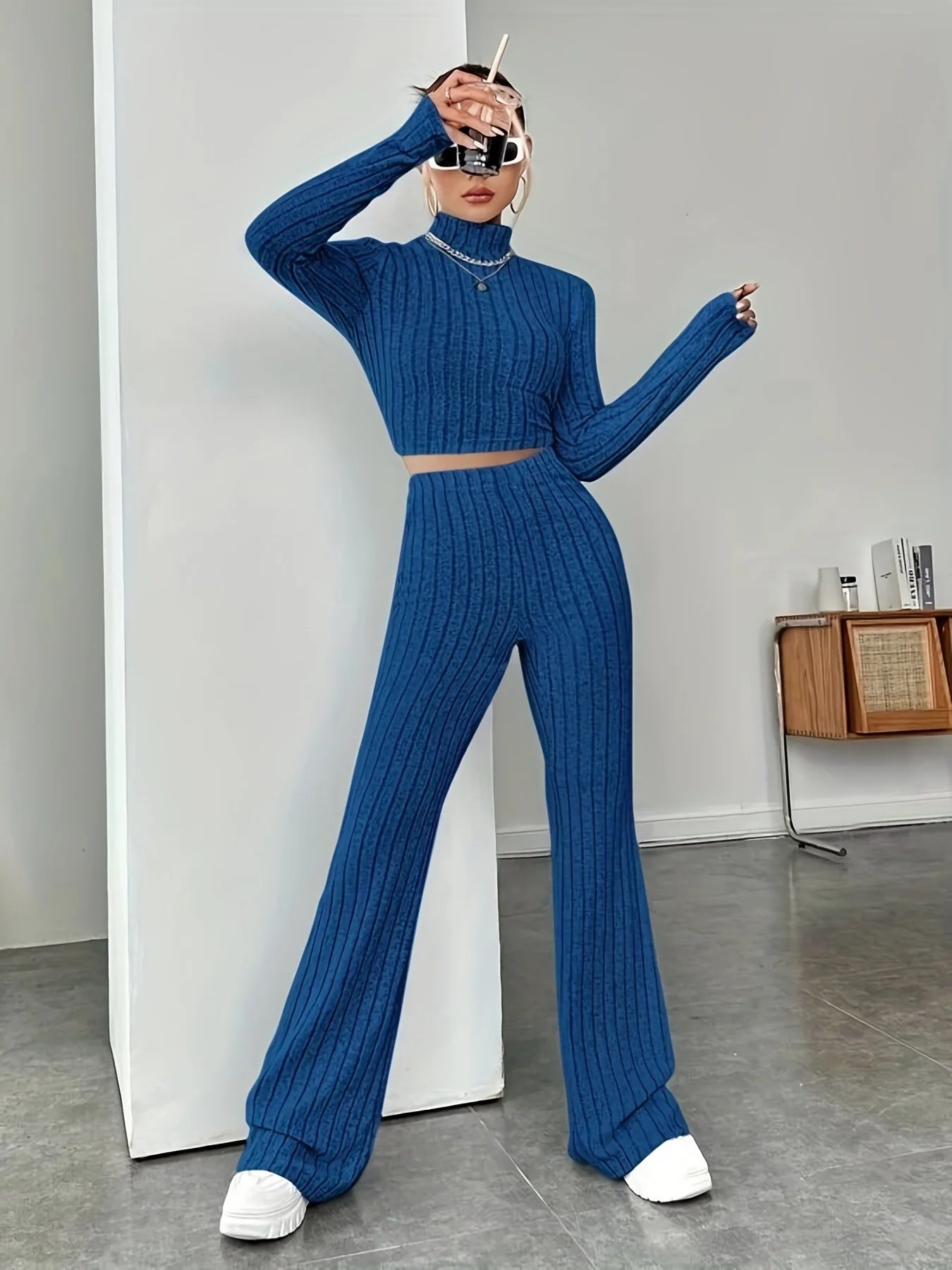 Spring women's knitted two-piece set sweater and loose pants