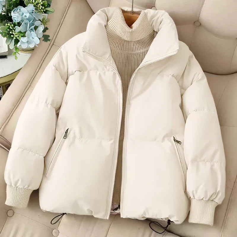 Women's winter puffer jacket with zipper and notched neck