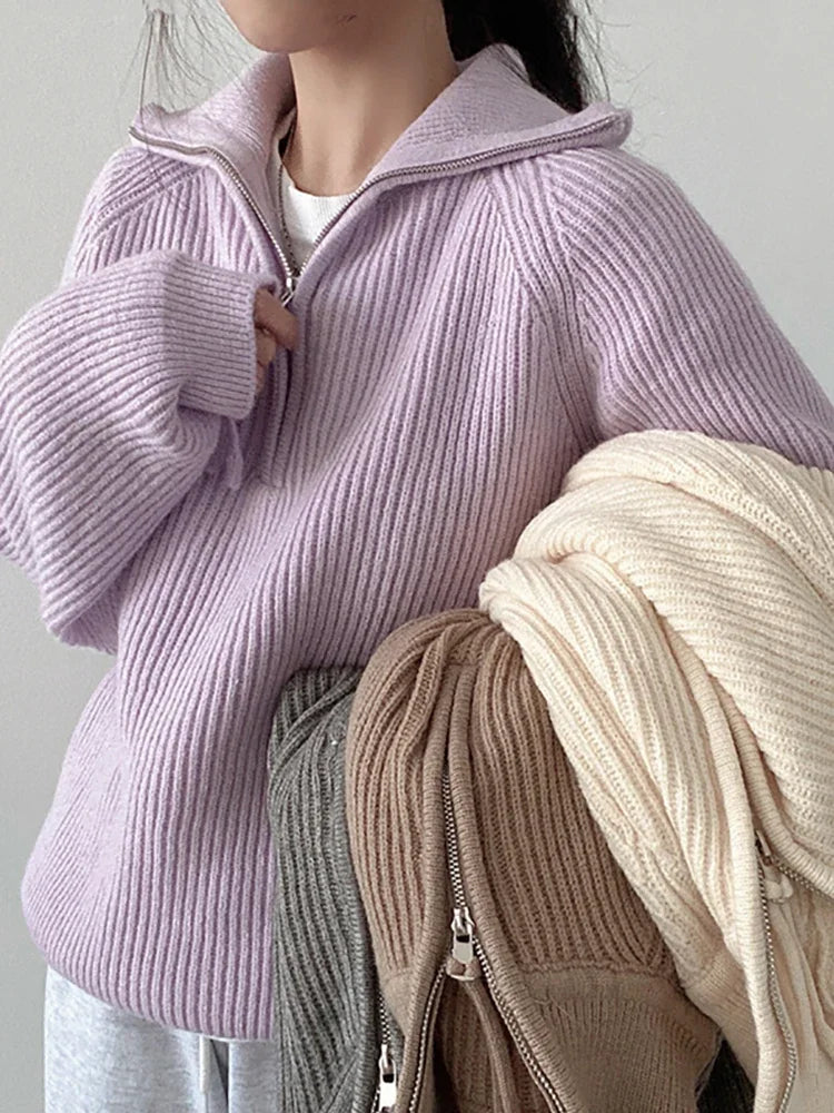 Half-zip ribbed knit sweater for women