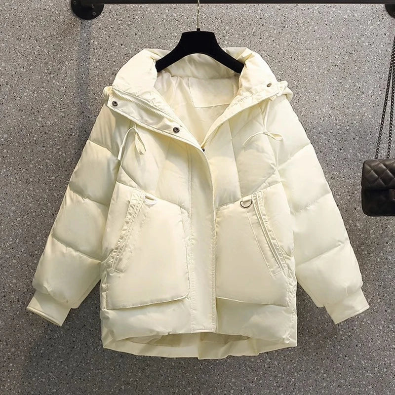 Women's Puffer Jacket - Oversized Quilted Warmth - Hooded High Collar - Zip Closure
