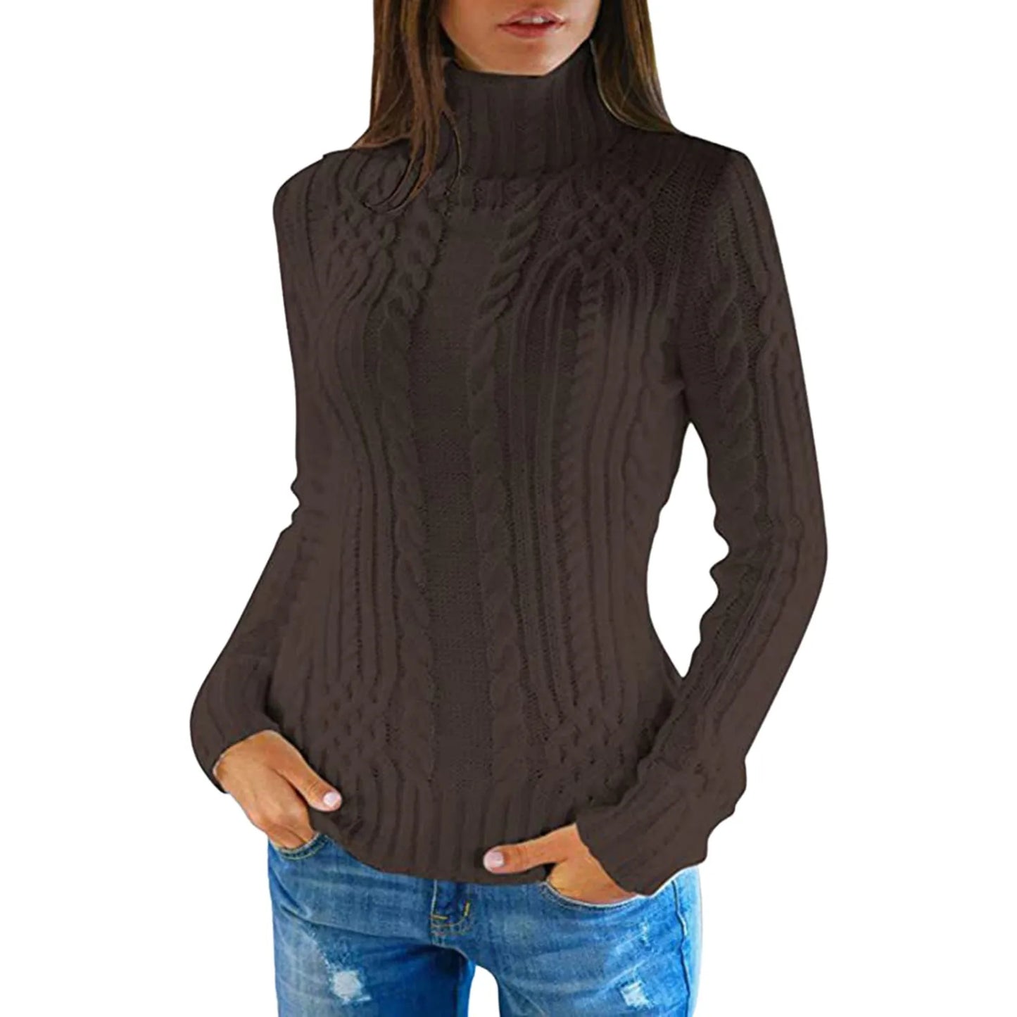 High-neck cable knit sweater for women