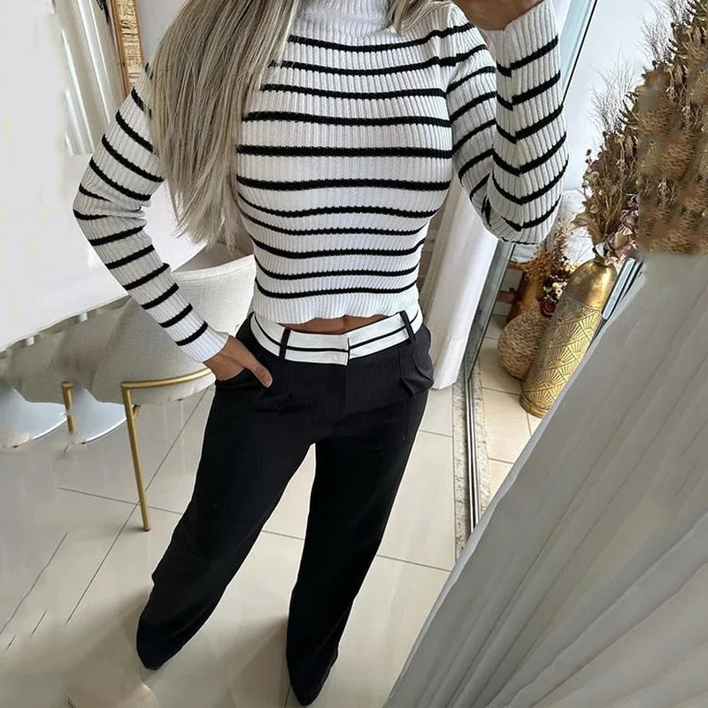 Women's casual striped long sleeve top and loose pants set