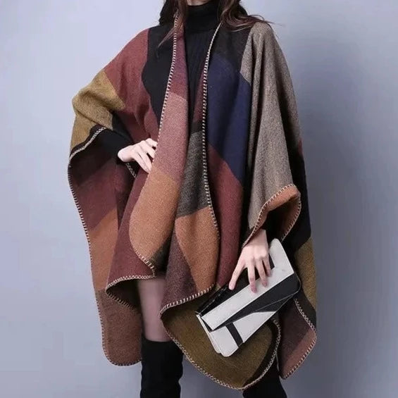 Women's plaid ethnic shawl thickened cape scarf