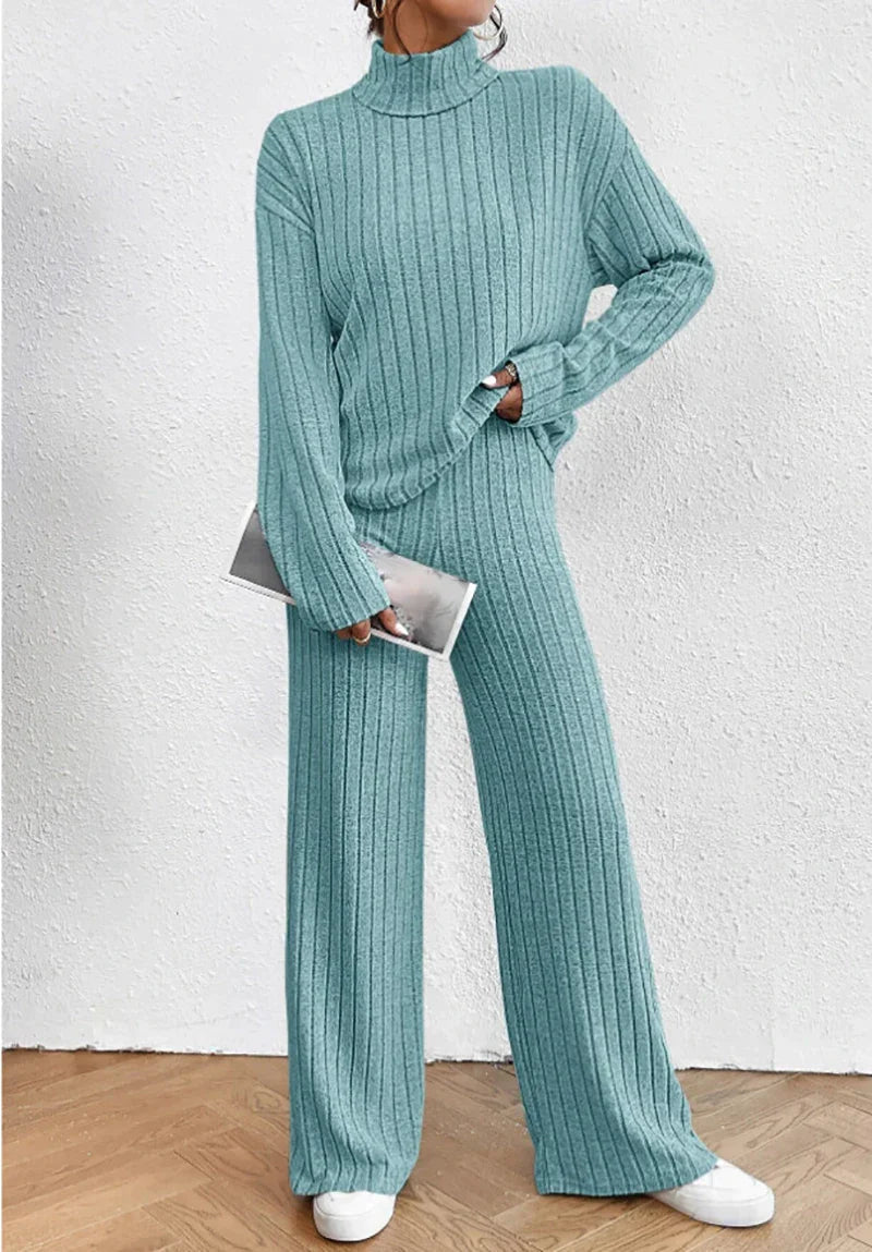 Women's solid color high collar long sleeve ribbed two-piece set