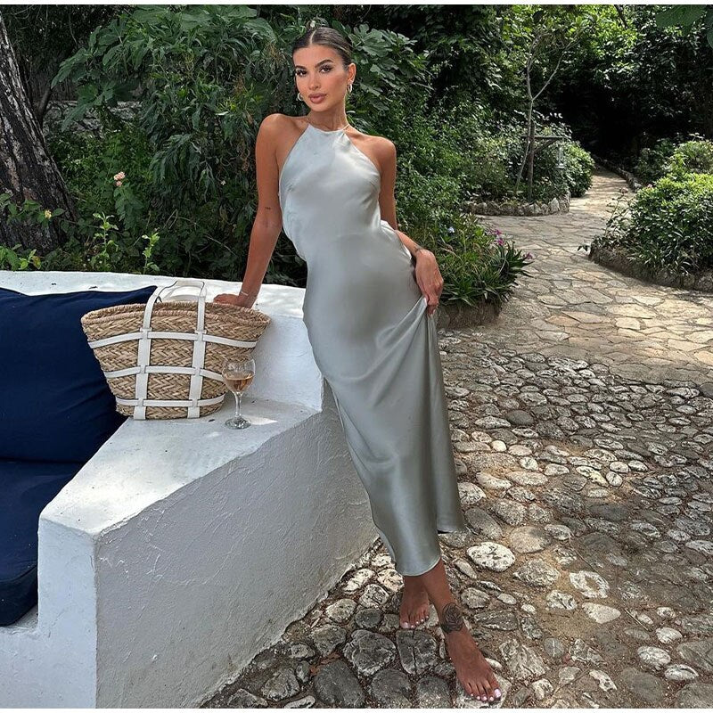 Women's Halter Neck Satin Dress - Elegant Sheen - Form-Fitting - Formal Evening Wear