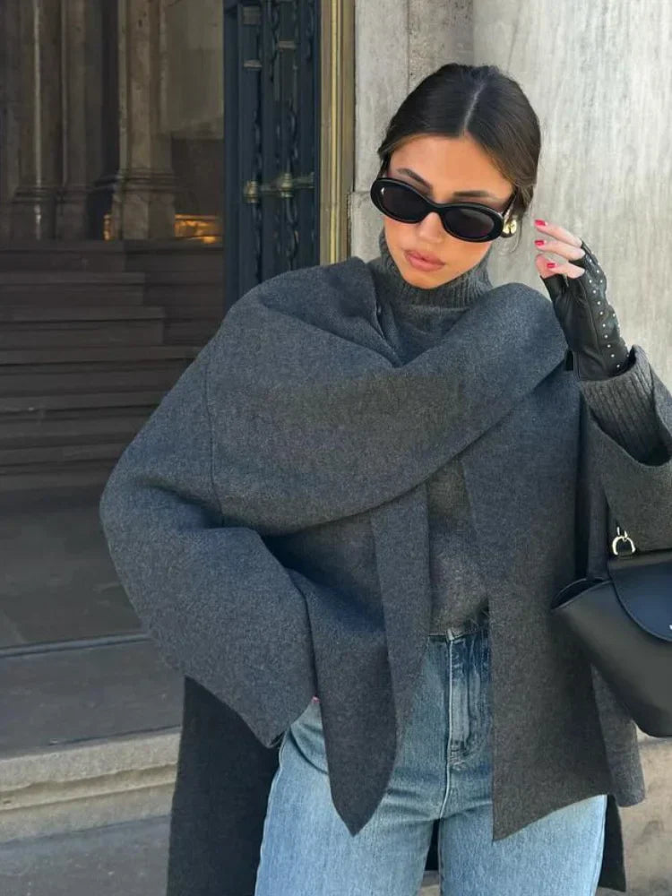 Women's elegant solid color asymmetric scarf coat