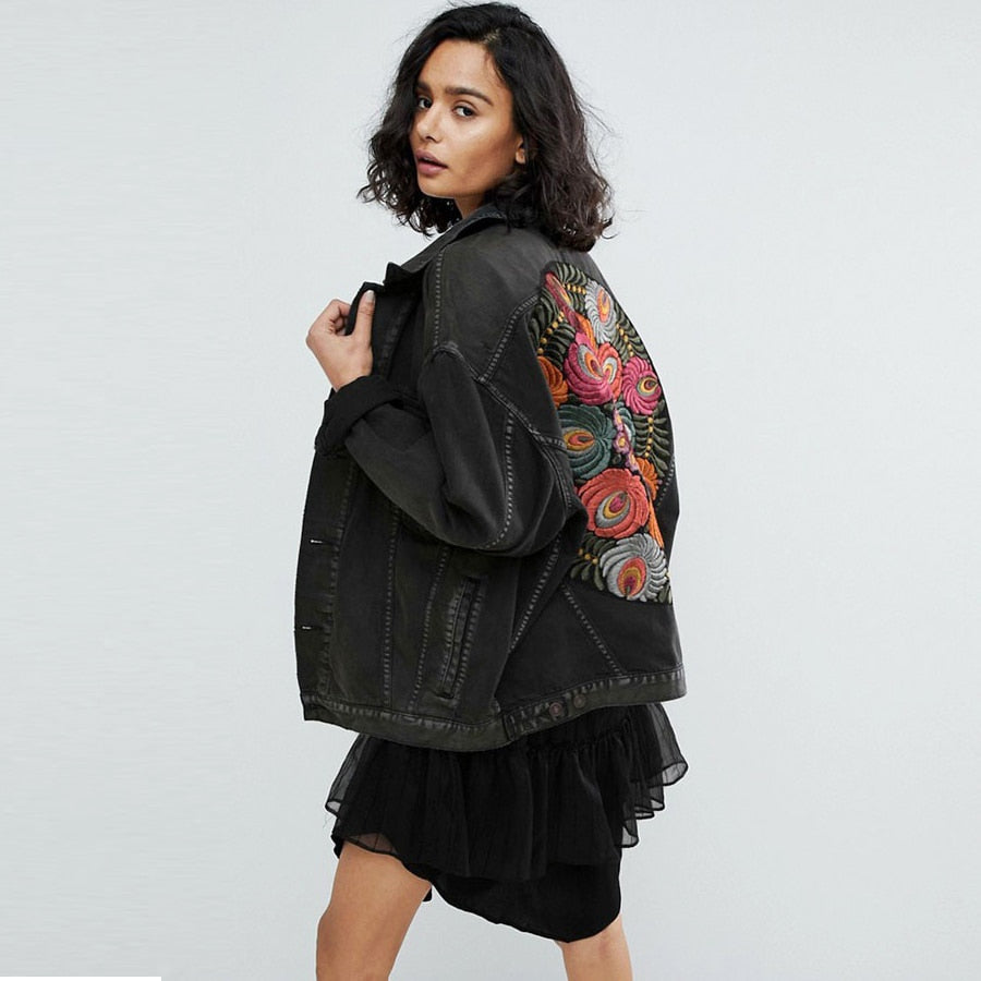 Women's boho gray denim jacket with embroidery