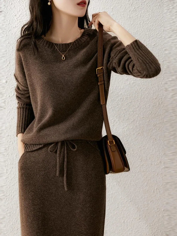 Women's loose pullover knit sweater skirt set