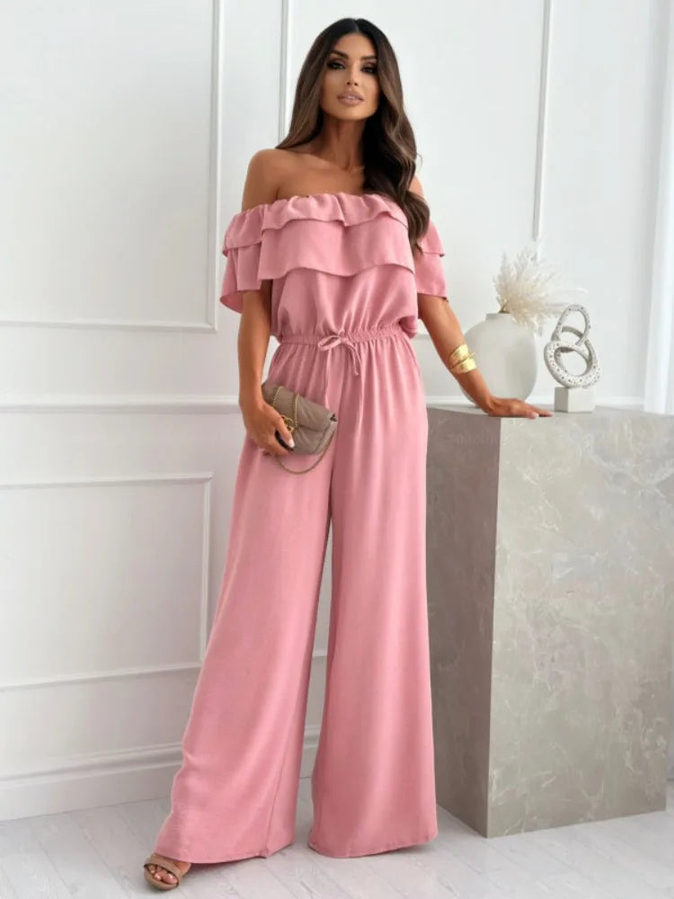 Women's Off-Shoulder Jumpsuit - Ruffled Neckline - Wide-Leg Relaxed Fit - Lightweight Fabric