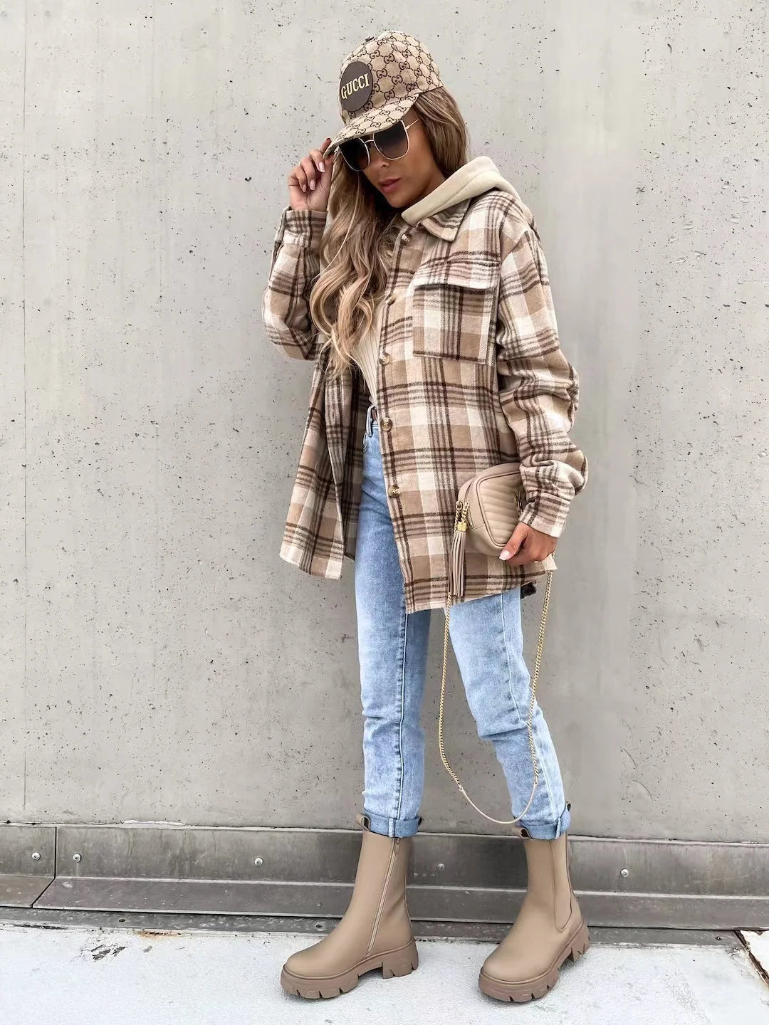 Women's autumn plaid button front jacket with detachable hoodie