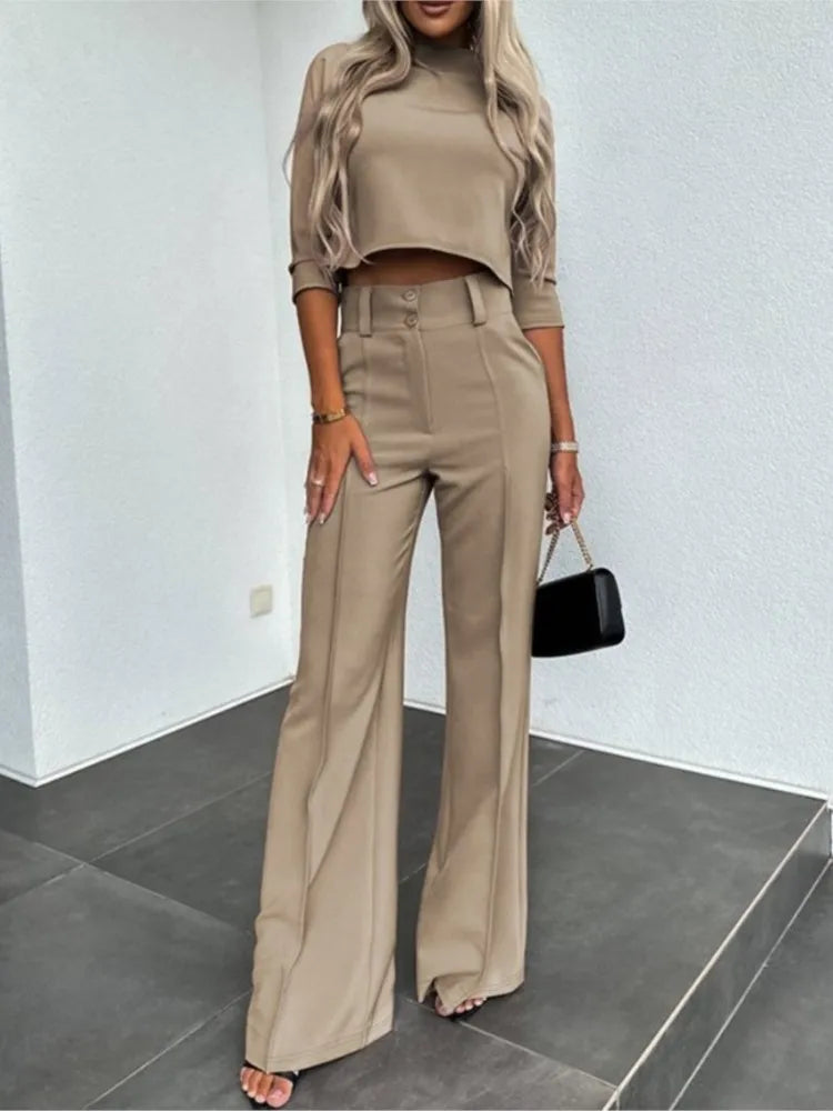 Women's elegant casual crop top and high waist wide leg trouser set