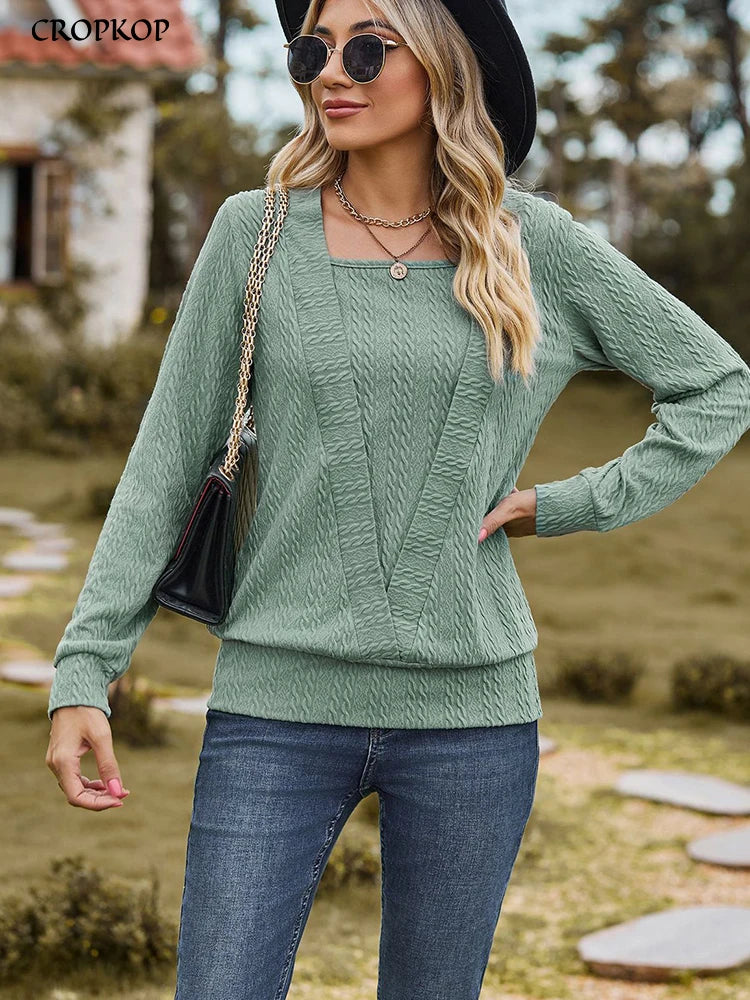 Elegant Square Neck Long Sleeve T-Shirt