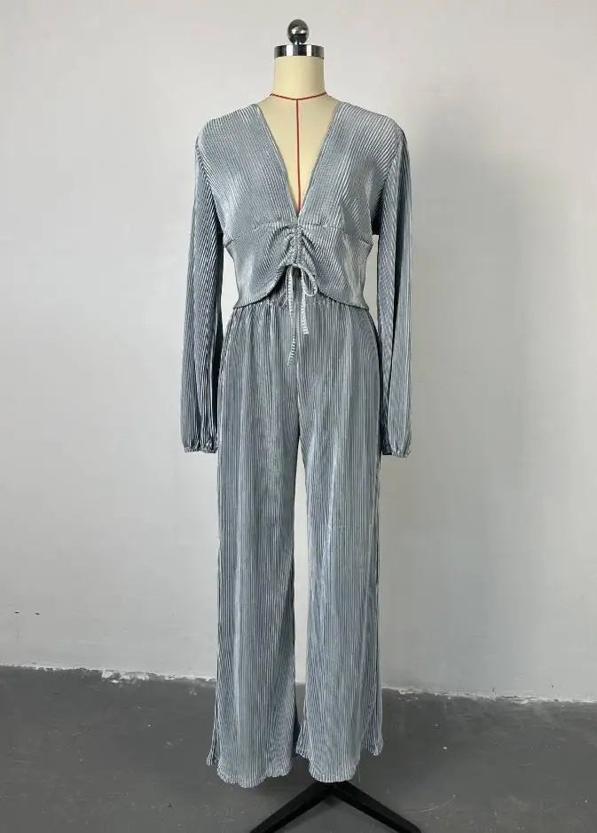 Women's casual V-neck top and wide-leg trousers set