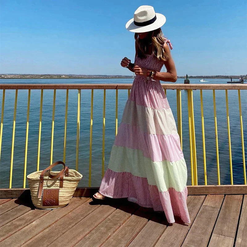 Smocked Bodice Flowing Tiered Maxi Dress
