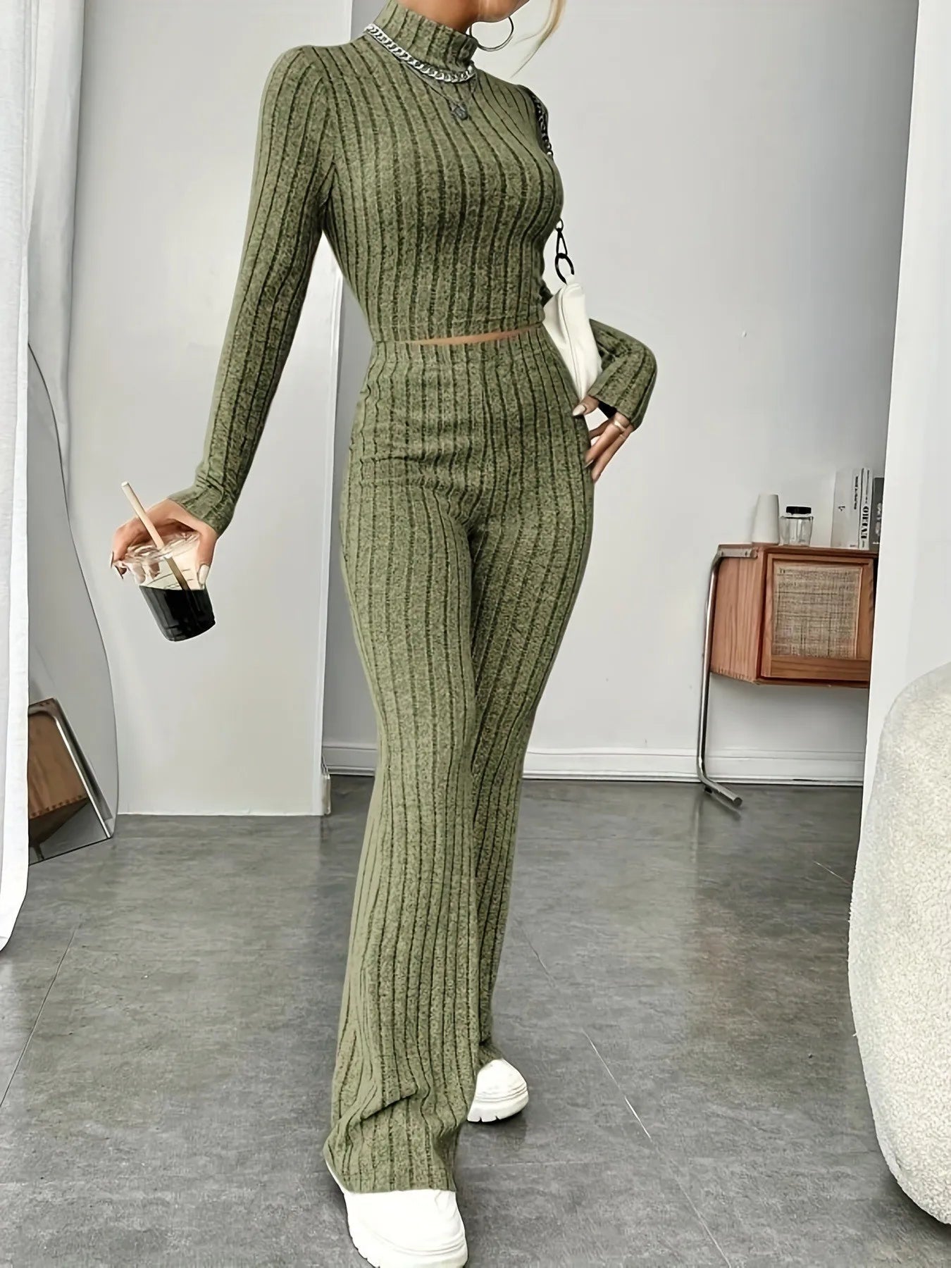 Spring women's knitted two-piece set sweater and loose pants