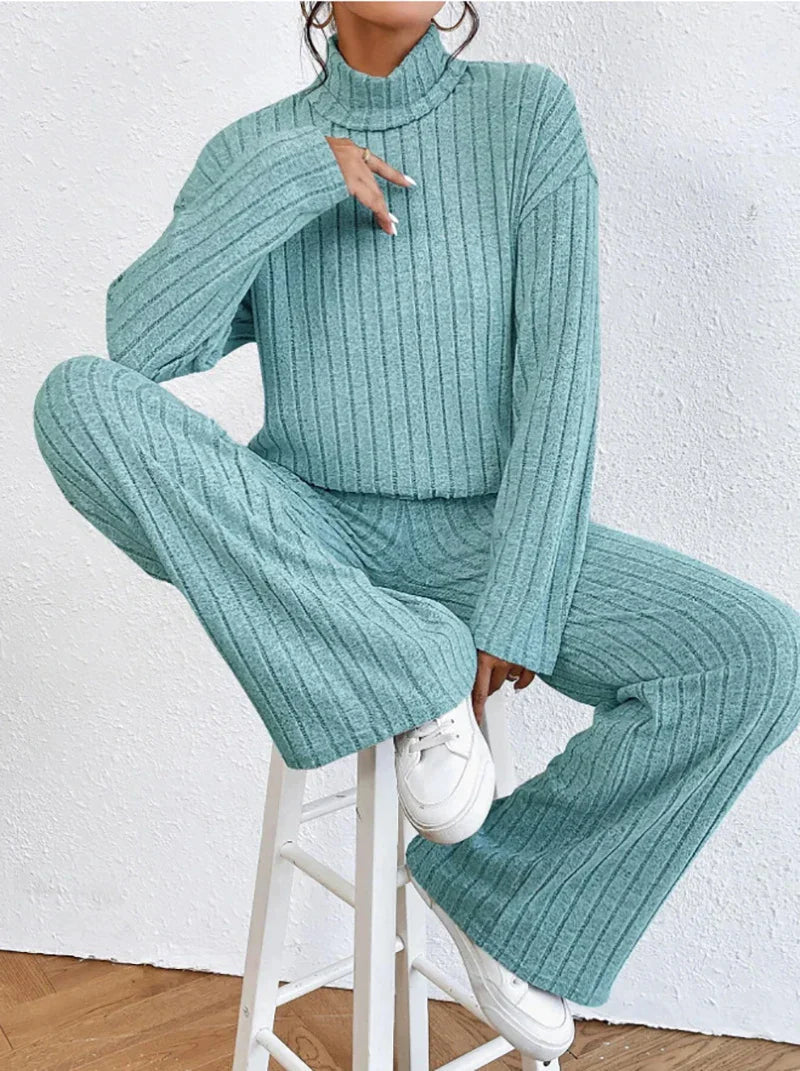 Women's solid color high collar long sleeve ribbed two-piece set