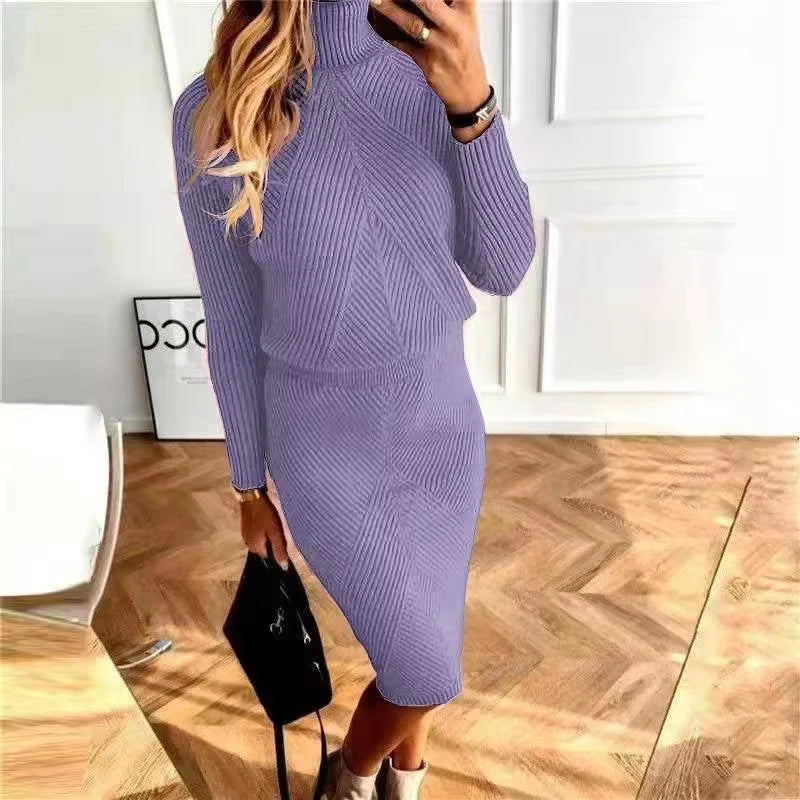 Women's turtleneck knit sweater skirt set