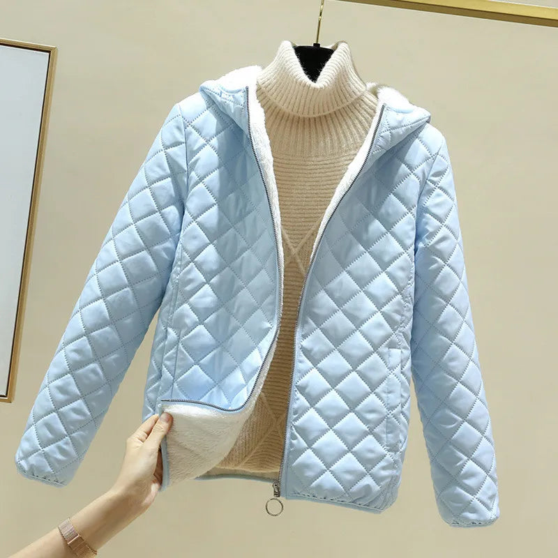 Women’s Quilted Hooded Jacket - Fleece Lined - Diamond Stitch - Zipper Front Closure