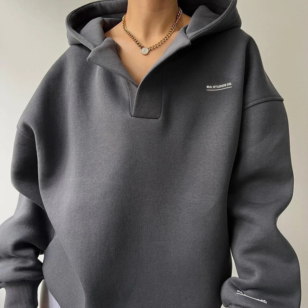 Women's loose hooded v-neck drop shoulder sweater