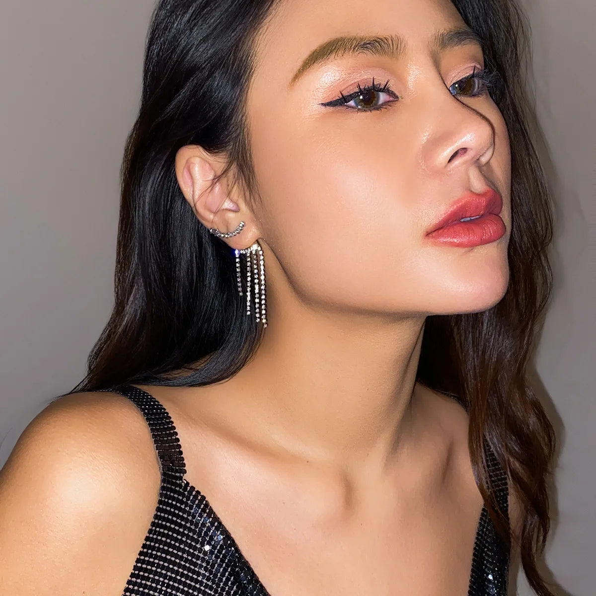 Rhinestone Fringe Chandelier Earrings