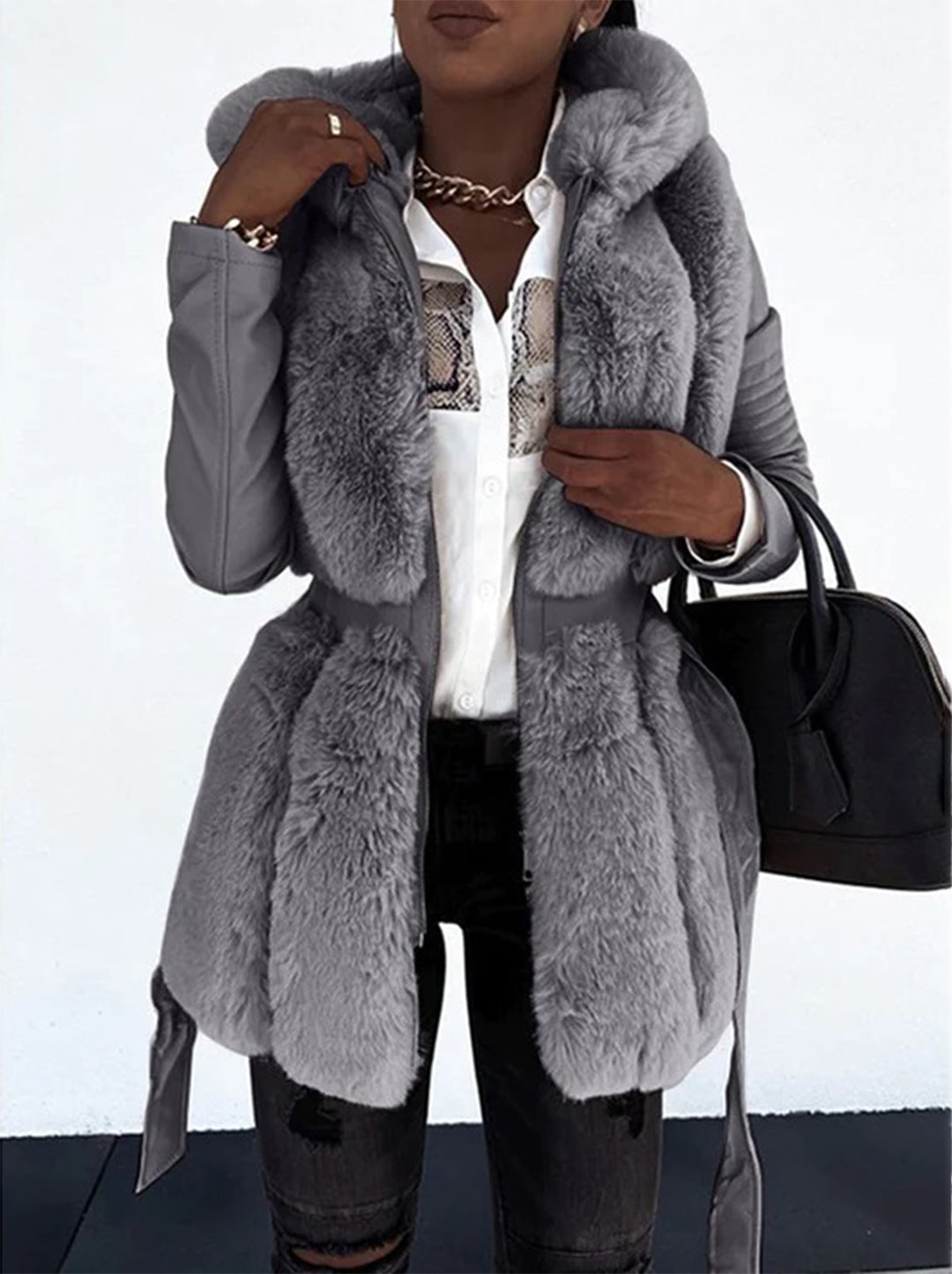 Women's fur coat with belted hood