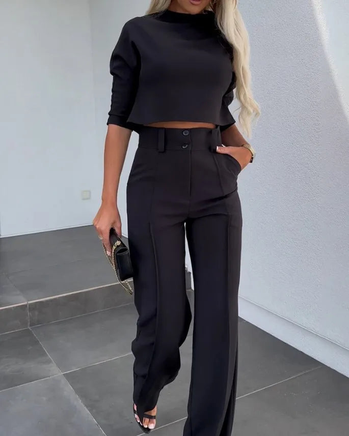 Women's elegant casual crop top and high waist wide leg trouser set