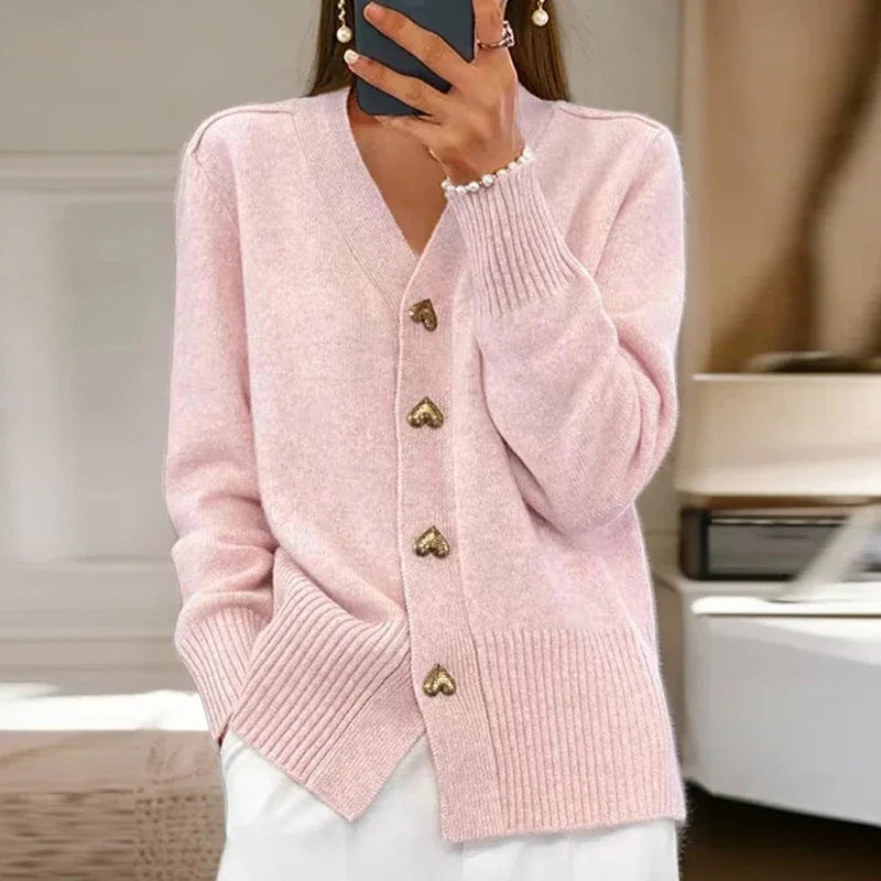 Women's long-sleeved v-neck cardigan sweater with button details