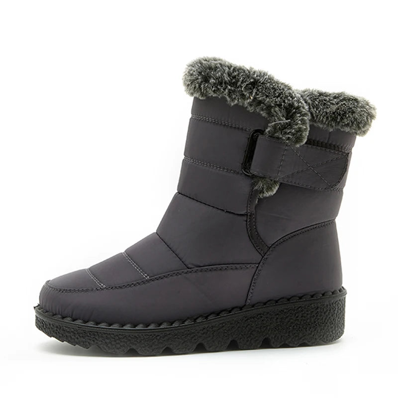 Women's waterproof faux fur high-top snow boots with hook-and-loop closure