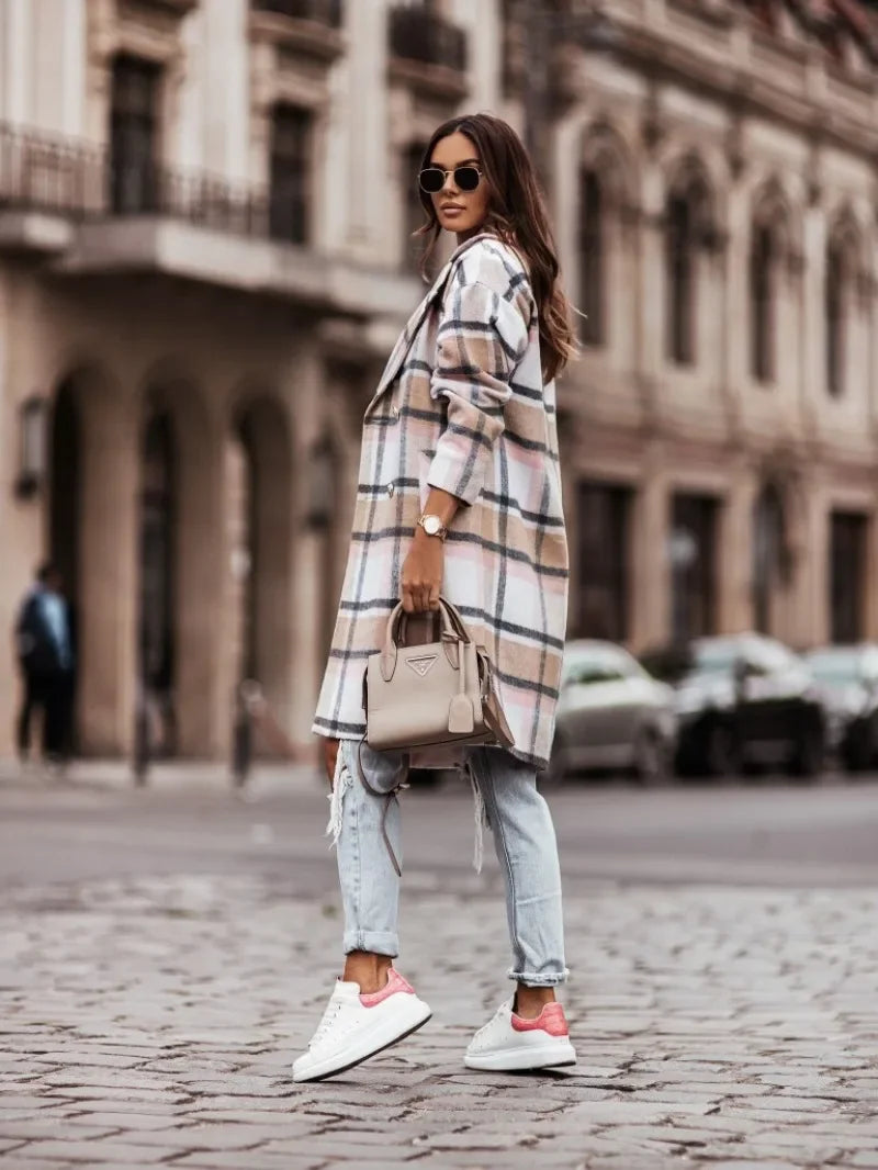 Women's mid-length plaid coat