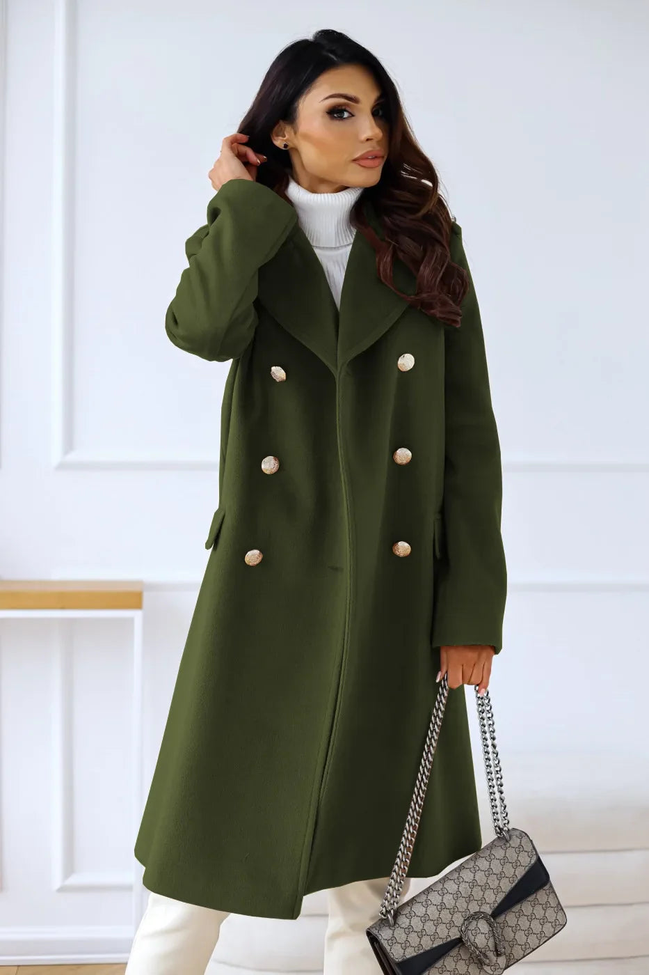 Women's double-breasted textured coat long sleeve lapel winter jacket