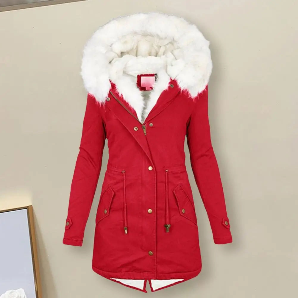 Women's Parka Coat - Long Length - Faux Fur Hood - Warm Padded - Zip Closure