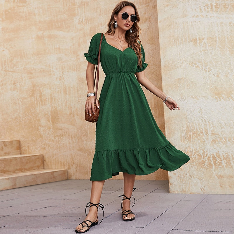 Women's Flared Dress - V-Neck - Short Puffed Sleeves - Ruffled Hem - Relaxed Fit