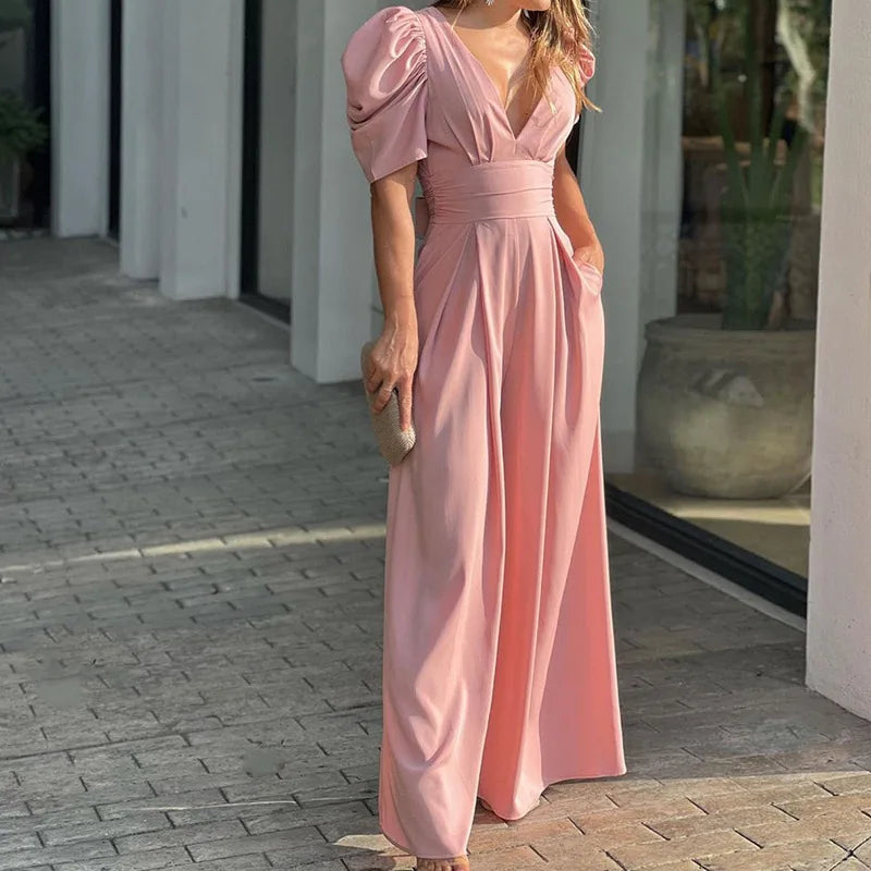 Women's Jumpsuit - Tailored Fit - Puff Sleeve - Deep V-Neck - Wide-Leg Elegant Style