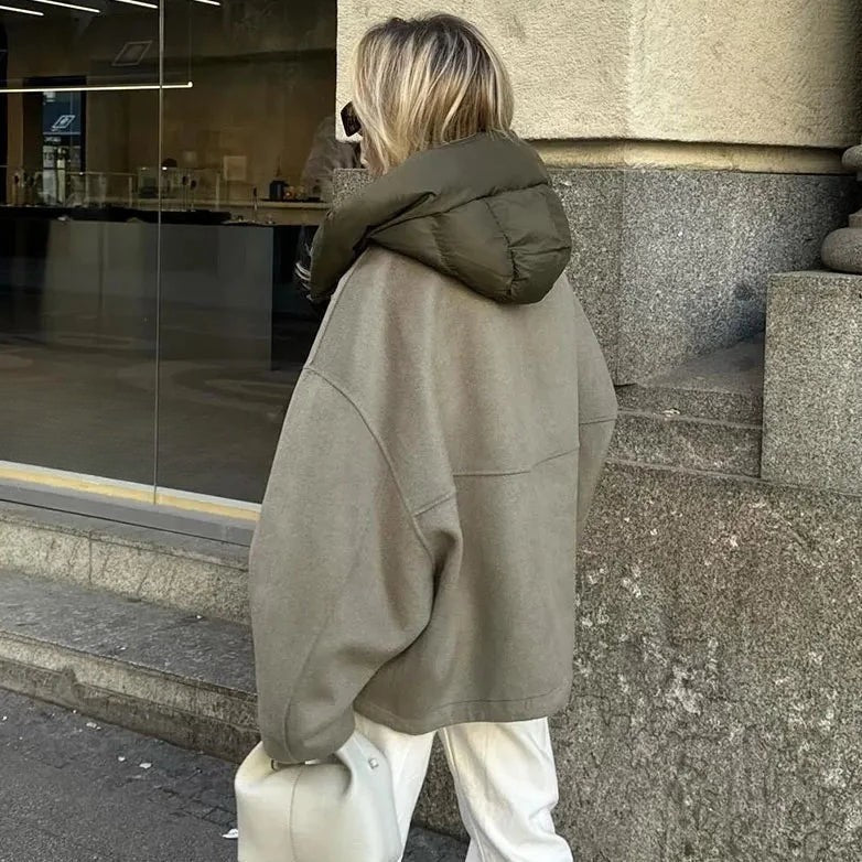 Women’s Jacket – Oversized Fit – Wool Blend – Hooded with Zip – Drawstring Hem