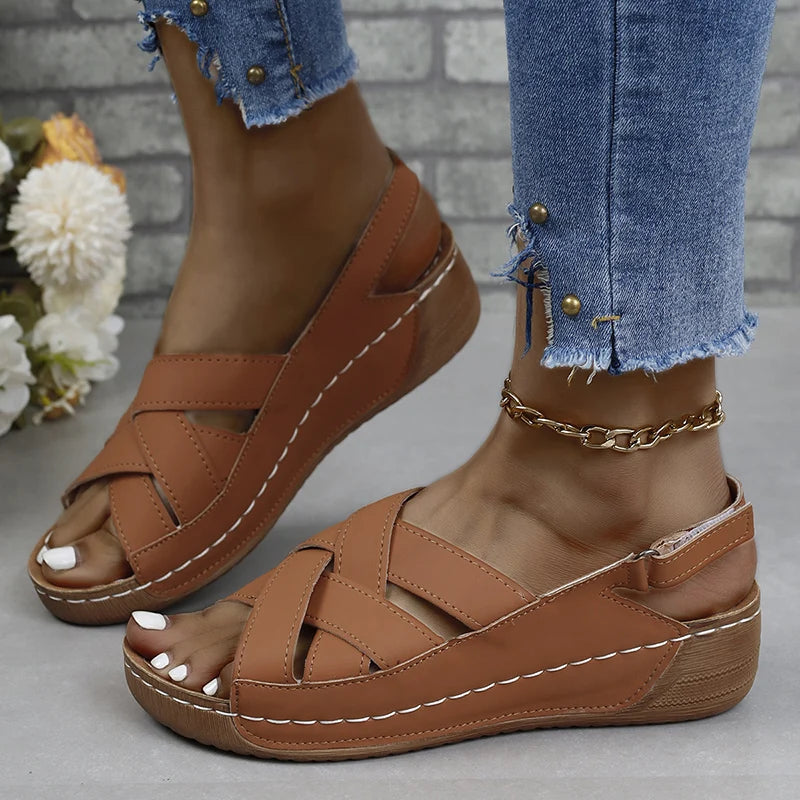 Women's Sandals - Crisscross Strap - Open Toe - Adjustable Ankle Strap - Cushioned Sole