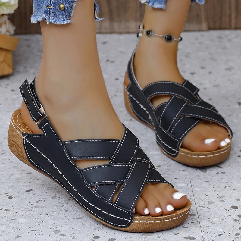 Women's Sandals - Crisscross Strap - Open Toe - Adjustable Ankle Strap - Cushioned Sole