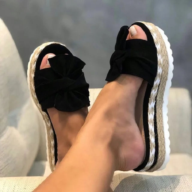 Women's Platform Slide Sandals - Cushioned Sole - Bow Detail - Casual Comfort