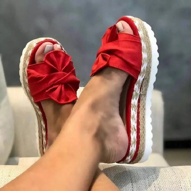 Women's Platform Slide Sandals - Cushioned Sole - Bow Detail - Casual Comfort
