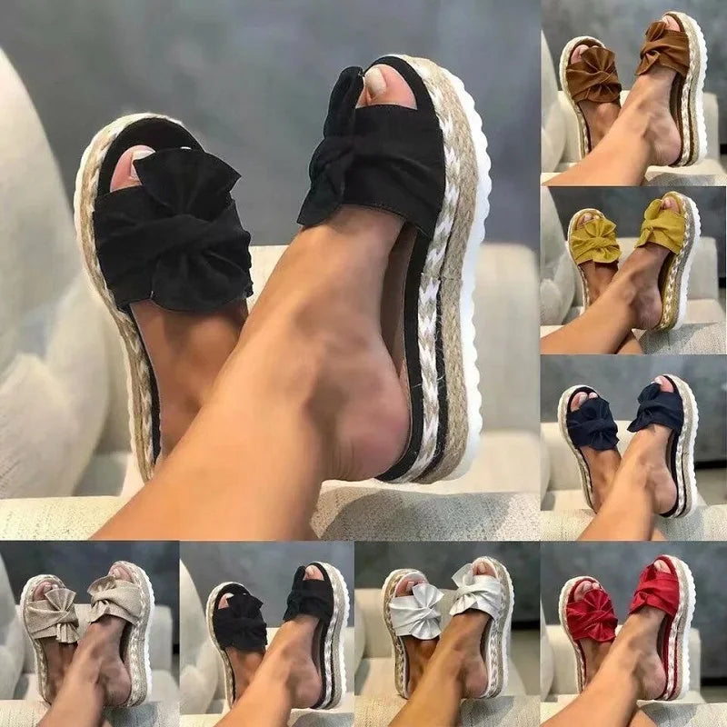 Women's Platform Slide Sandals - Cushioned Sole - Bow Detail - Casual Comfort