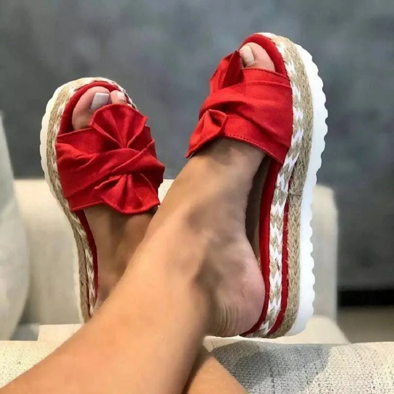 Women's Platform Slide Sandals - Cushioned Sole - Bow Detail - Casual Comfort