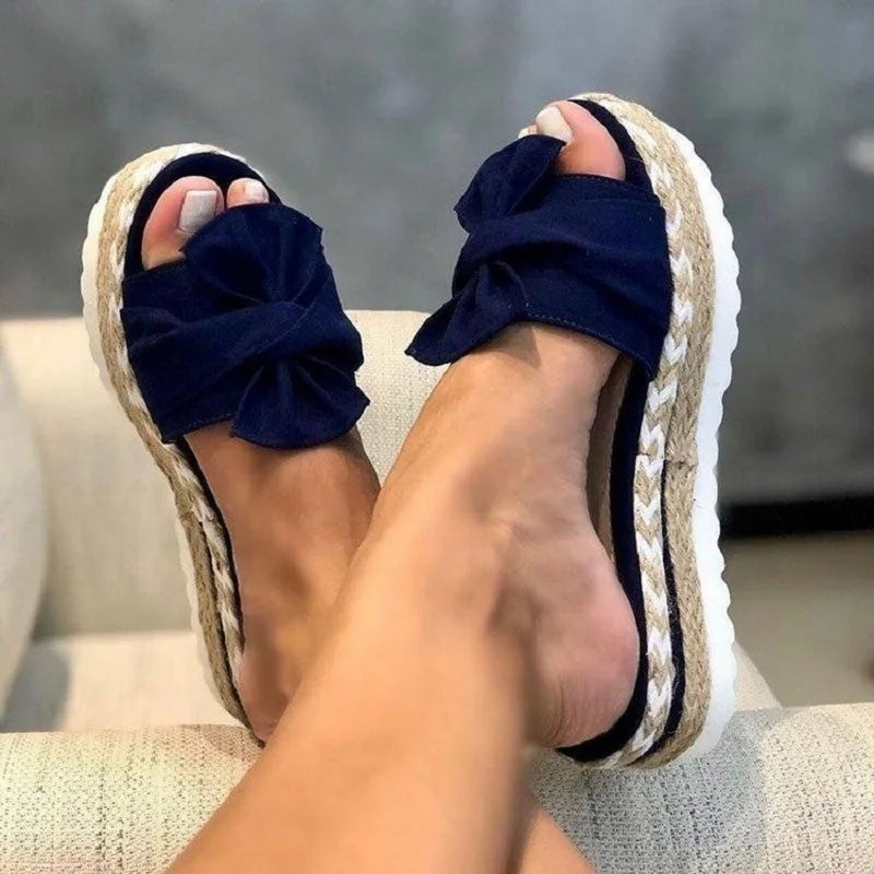 Women's Platform Slide Sandals - Cushioned Sole - Bow Detail - Casual Comfort
