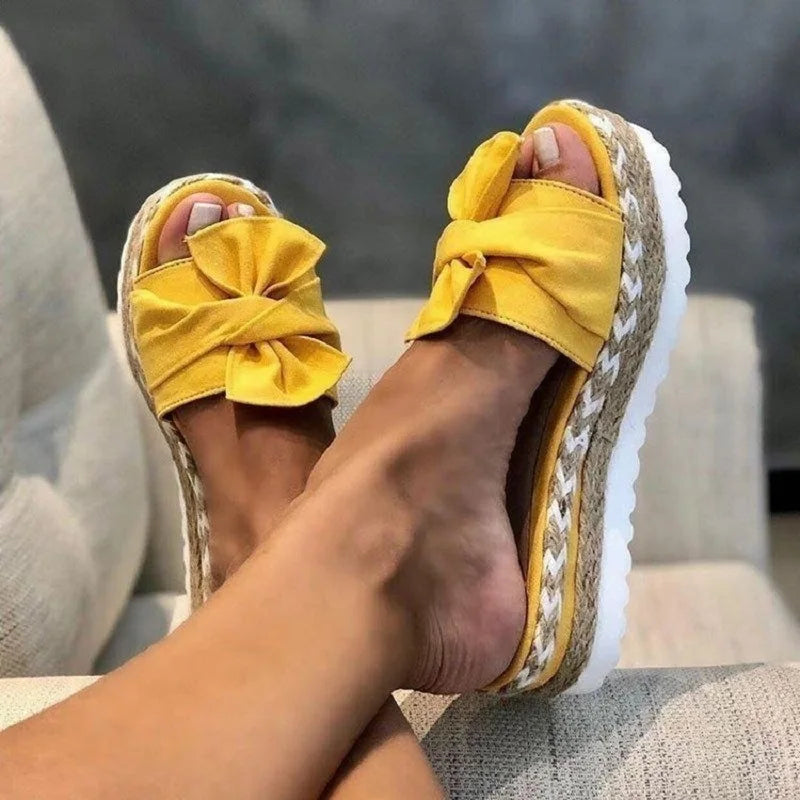 Women's Platform Slide Sandals - Cushioned Sole - Bow Detail - Casual Comfort