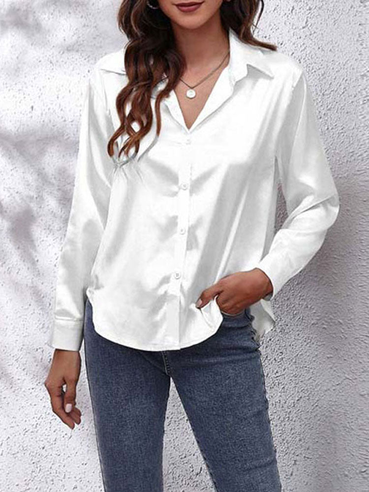 Women's Satin Blouse - Button Down - Collared Neck - Long Sleeve Loose Fit