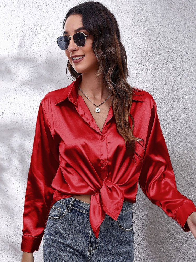 Women's Satin Blouse - Button Down - Collared Neck - Long Sleeve Loose Fit
