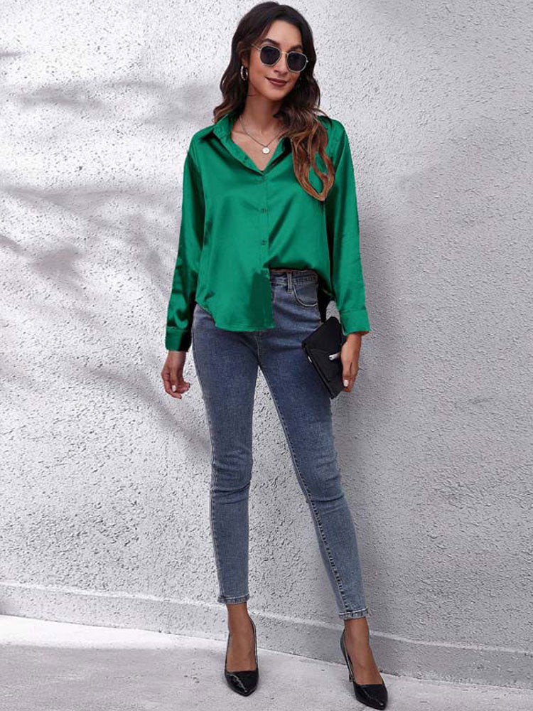Women's Satin Blouse - Button Down - Collared Neck - Long Sleeve Loose Fit