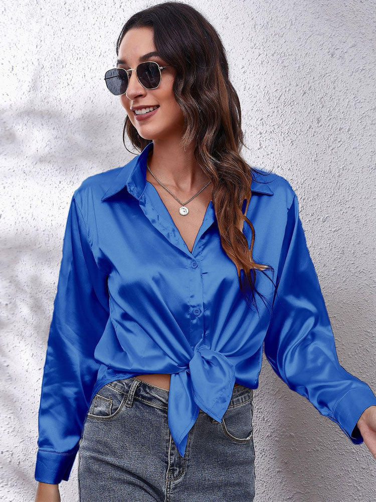 Women's Satin Blouse - Button Down - Collared Neck - Long Sleeve Loose Fit