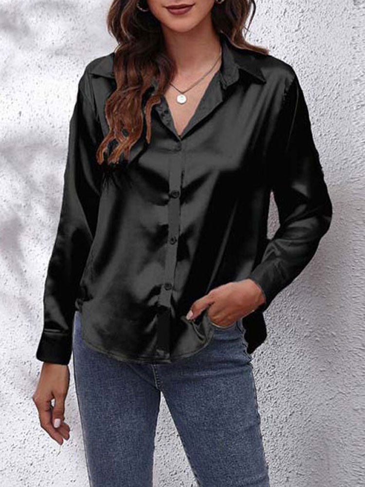 Women's Satin Blouse - Button Down - Collared Neck - Long Sleeve Loose Fit