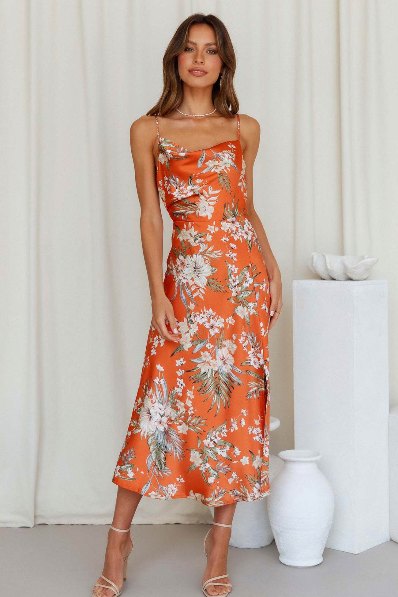 Women's Slip Dress - Floral Print - Cowl Neck - Spaghetti Straps - High Slit Midi